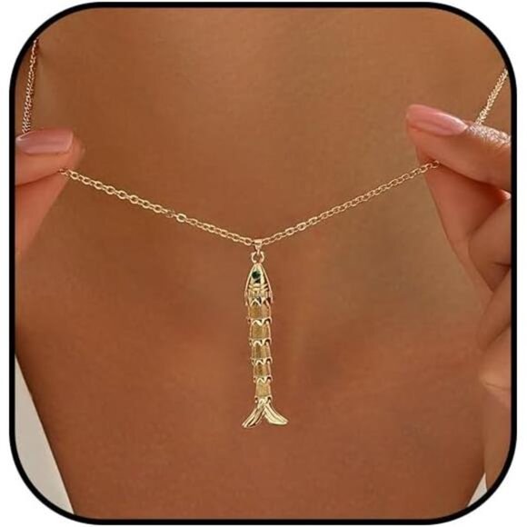 Gold Fish Necklace for Women Boho Fish Pendant Necklaces Long Sardine Necklace - Picture 2 of 4